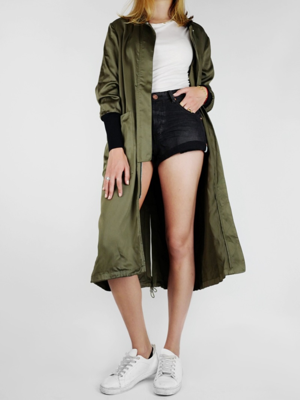 Soia & Kyo Bia Bonsai Long Bomber Two-Tone Olive and Black Coat L